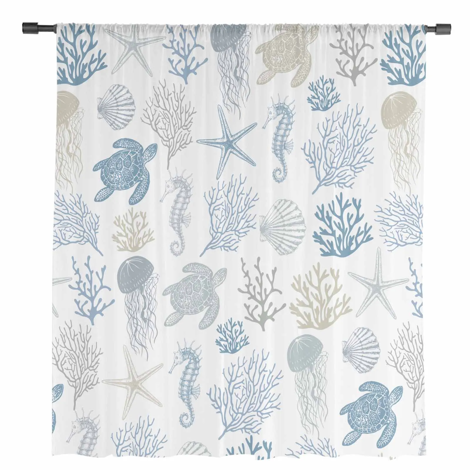 Sea Turtles Starfish Jellyfish Corals Shells Seahorses Sheer Curtains Living Room Window Curtains Kitchen Tulle Voile Curtains