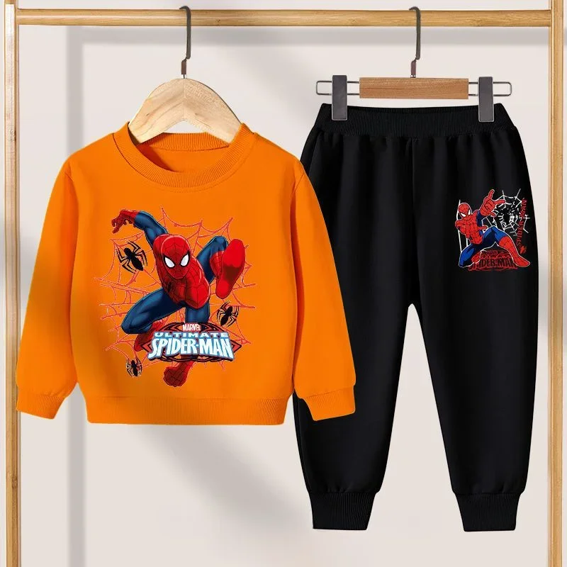 Disney-sudaderas informales para niños pequeños, ropa de dibujos animados, jerseys con cuello redondo, pantalones con estampado de Spiderman, chándales de manga larga de 2 piezas