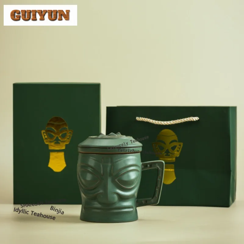 330ml Sanxingdui Mask Filter Tea Separator Cup Ancient Tea Mug With Infuser Tea Maker Office Water Cup Tableware Decoration