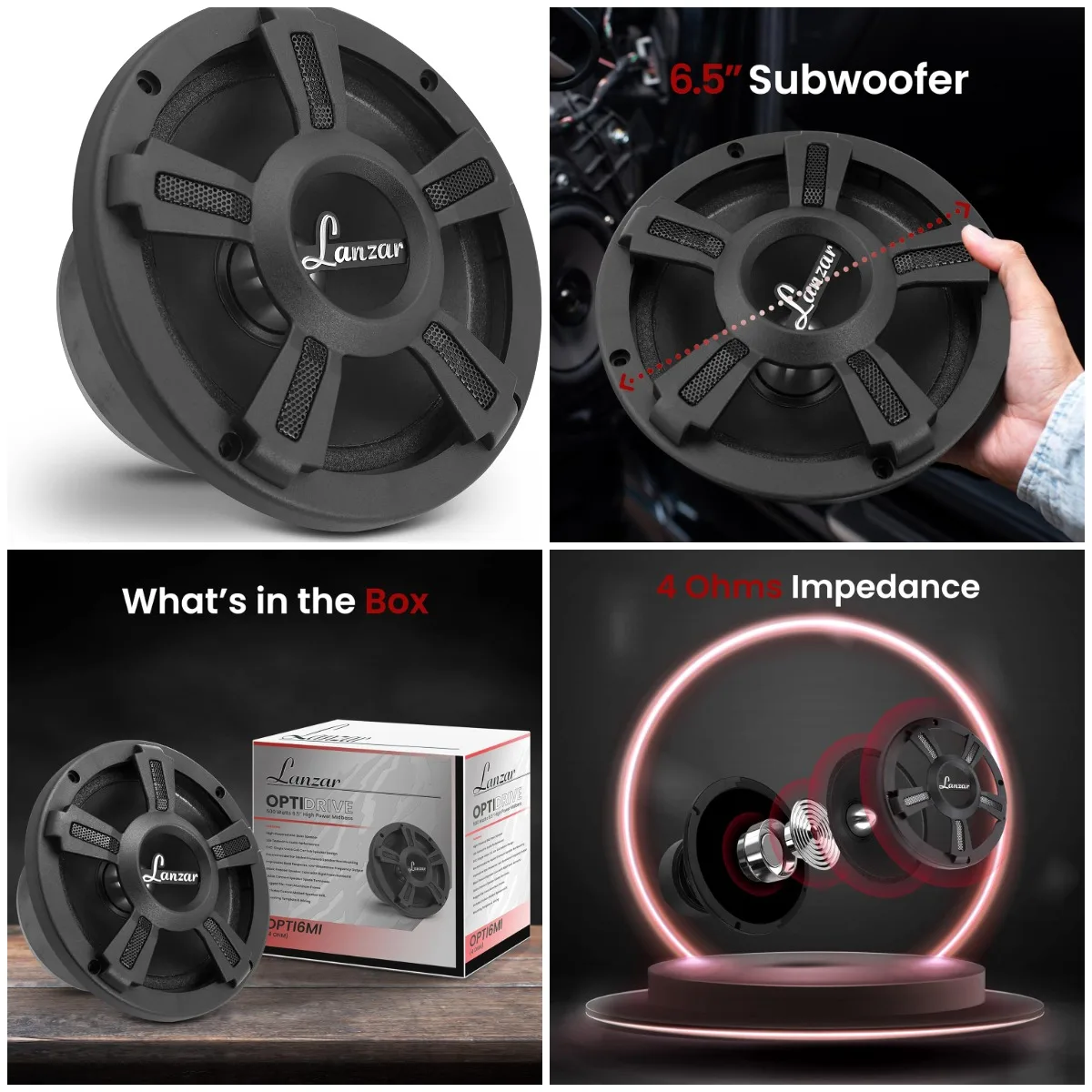 

MidBass Speaker Opti Pro 6,5 дюйма, пиковая мощность 500 Вт, 105–12 кГц, магнит на 30 унций, 4 Ом, бумажный конус, объемное звучение пены
