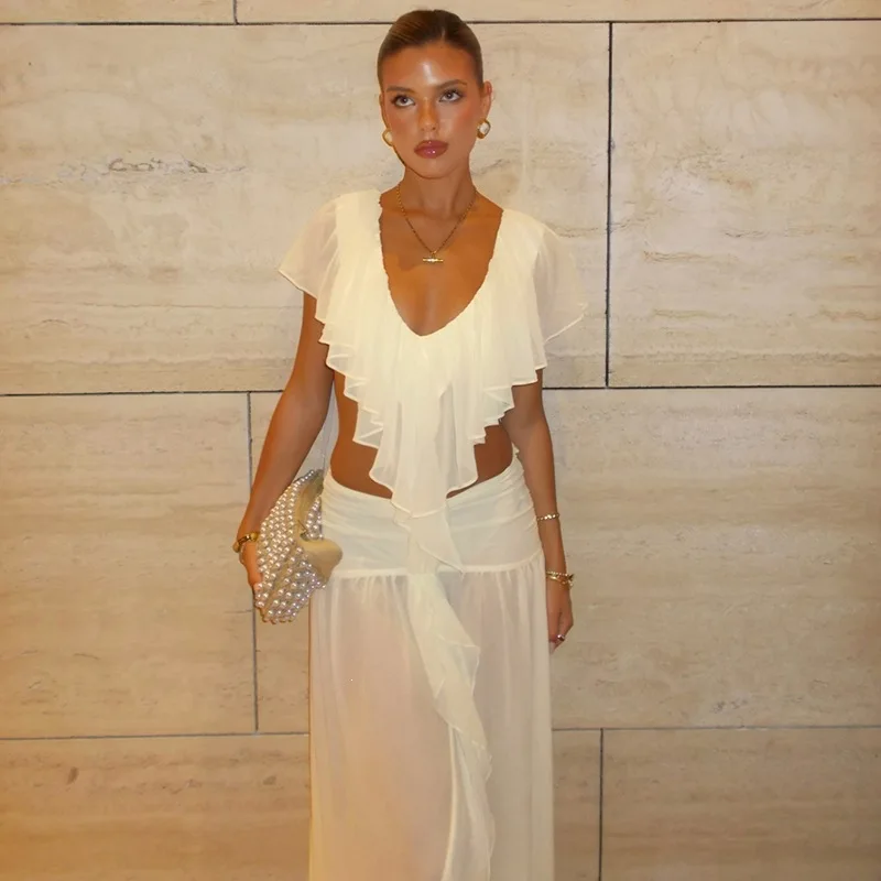 2026 New Women's Fashion Elegant Solid Color Chiffon Lace Top Smart Fit Body Skirt Set Dress Elegant Boho Bandage Luxury Elegant
