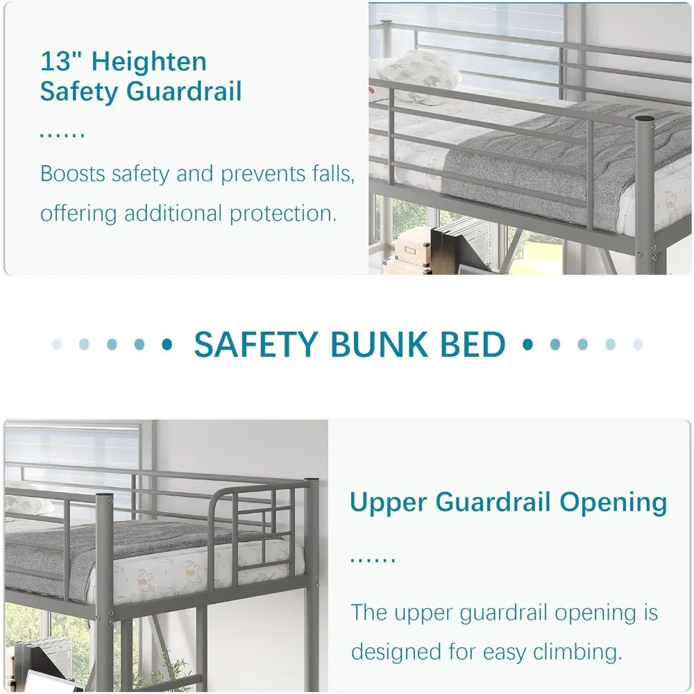 سرير مزدوج علوي مع سلالم، سلم قابل للفصل، حاجز حماية عالي، إطار معدني، موفر للمساحة، تصميم هادئ