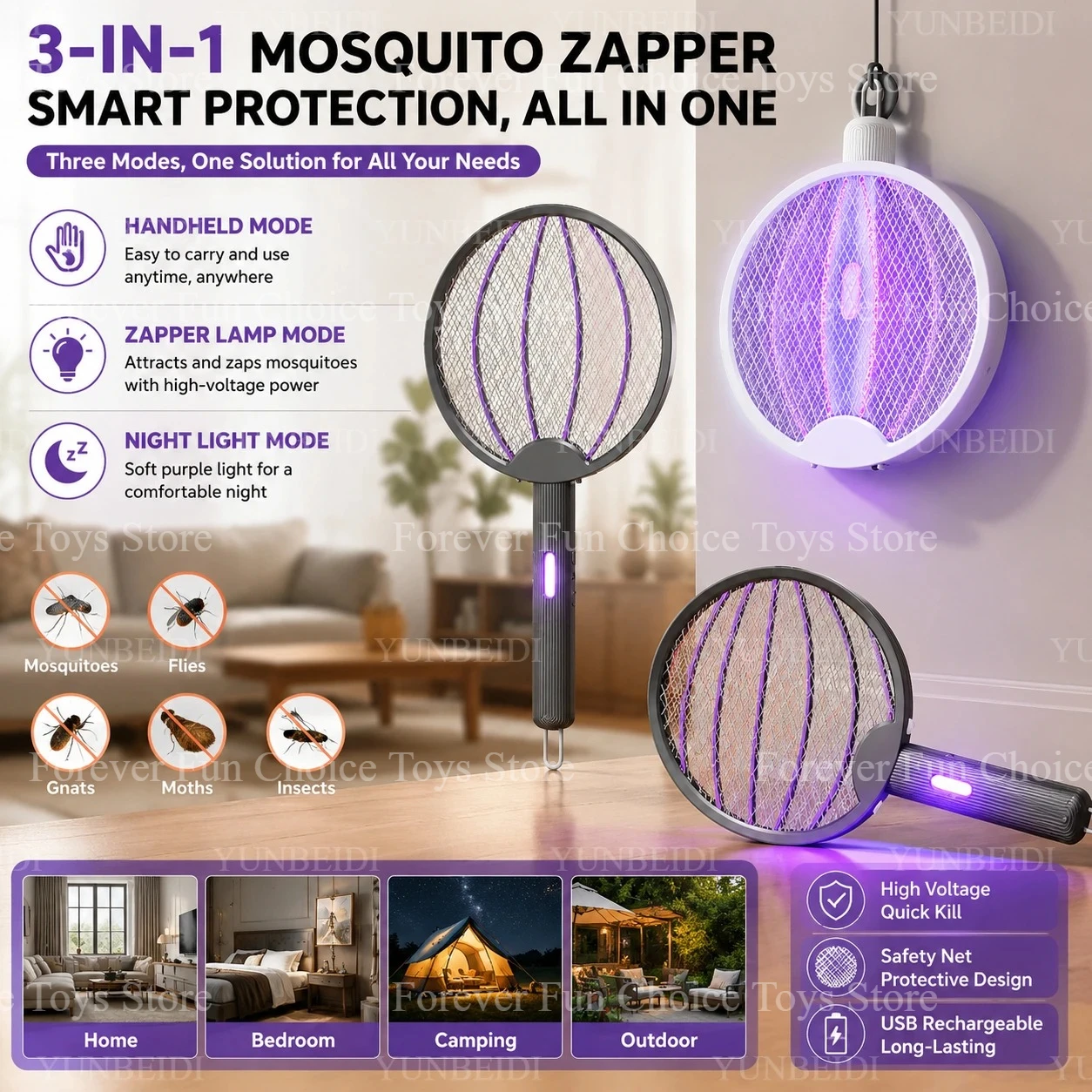 Electric Mosquito Killer Two-in-one Folding Mosquito-killing Swatter Type-C Charging 3000V Portable Handheld Mosquito Killer view 3