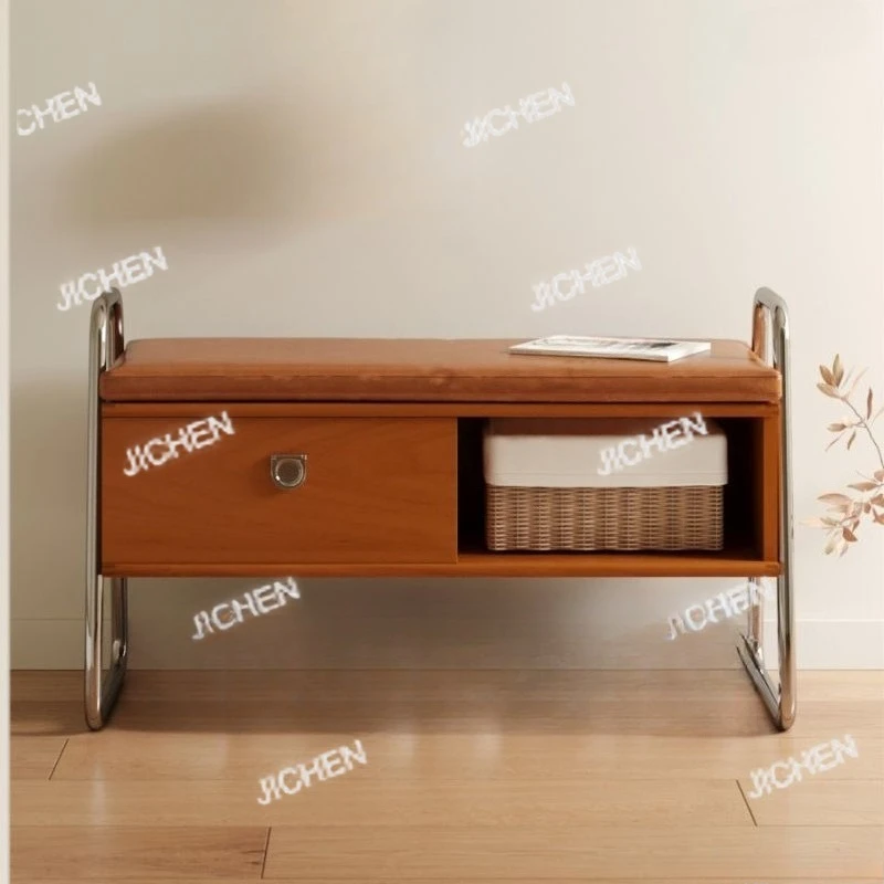 Mid-Century Solid Wood Shoe Bench Upholstered Entryway Storage Stool Luxury Minimalist Shoe Rack Boxwood Nordic Furniture
