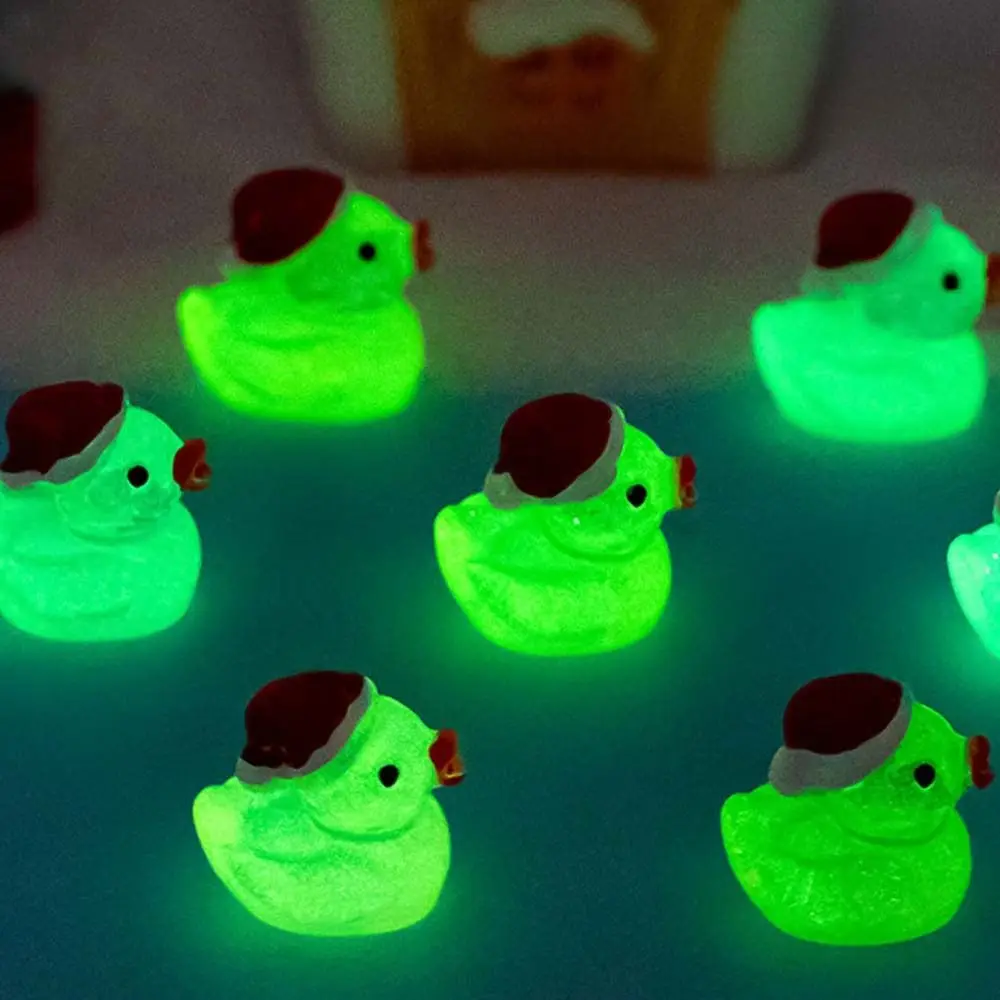 Cartoon Luminous Ducks Figurines with Christmas Hat Resin Crafts Duck Figurines Miniatures DIY Glow in Dark Mini Duck Statue