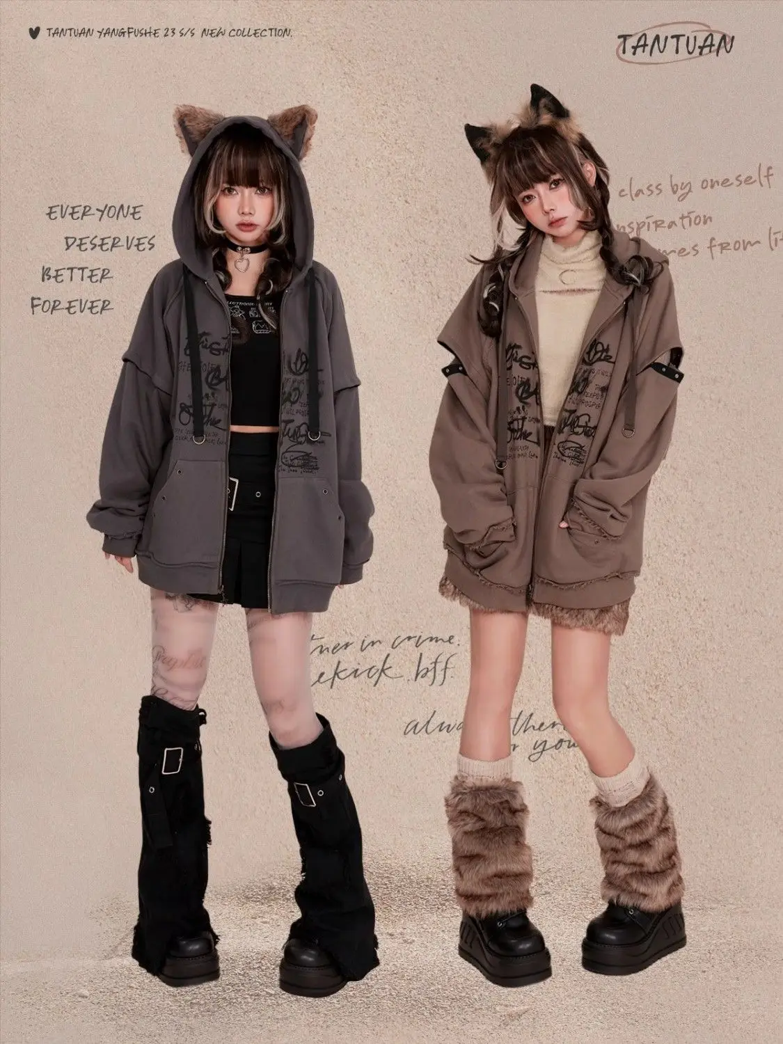 

Japan Plush Wolf Ears Hooded Velvet Sweatshirt For Women Autumn And Winter Graffiti Print Loose Couple Coat Ins Trend