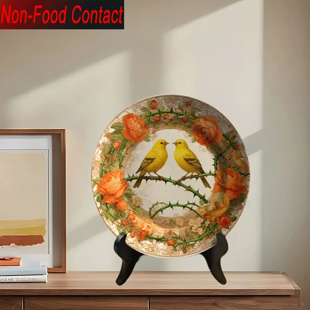 1pc Elegant Floral Ceramic Decorative Plate - Non-Food Contact Tabletop Ornament with Yellow Birds & Roses, Round Home Decor