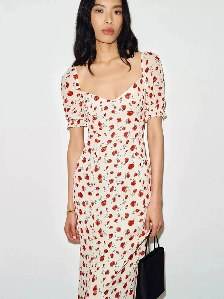 Reformation Red Flower Vintage Slim Fit Long Dress Square Collar Backless Bubble Sleeve Women's Fashion A-Line Skirt Dress