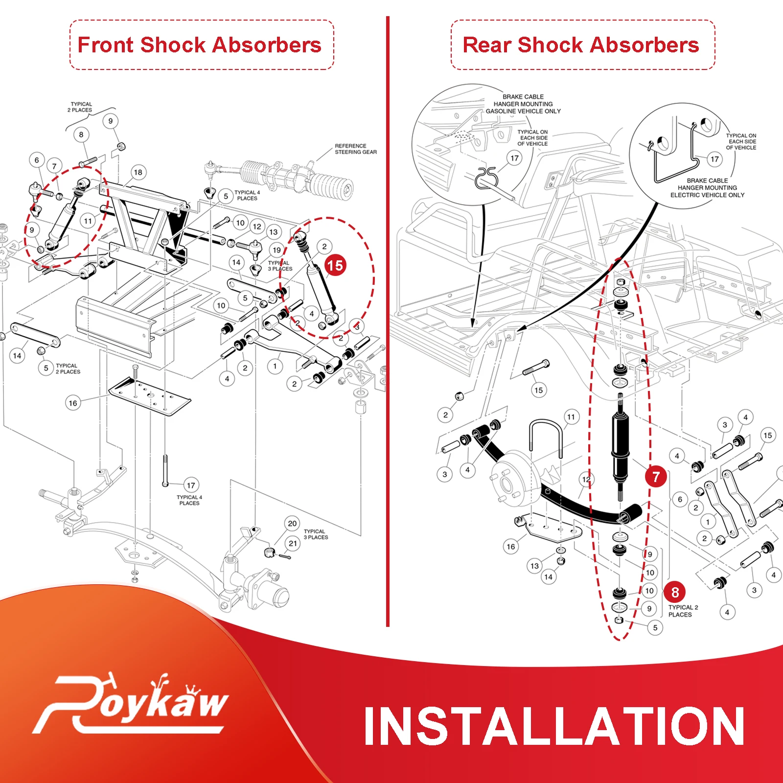 Roykaw Golfkar Schokken Voor- en Achterschokdempers Geschikt voor Club Car DS 1988+, Precedent+ G&E, voor 88-08 Elektrisch/97-08 Gas