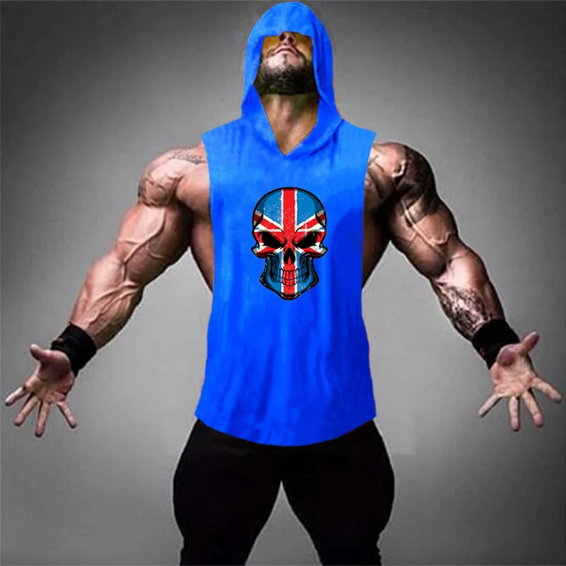 Summer Mens New Gym Workout Sports Sleeveless Hooded Cotton Tank Top Fitness Clothing Muscle Stringer Tank Top Hoodie Vest Shirt
