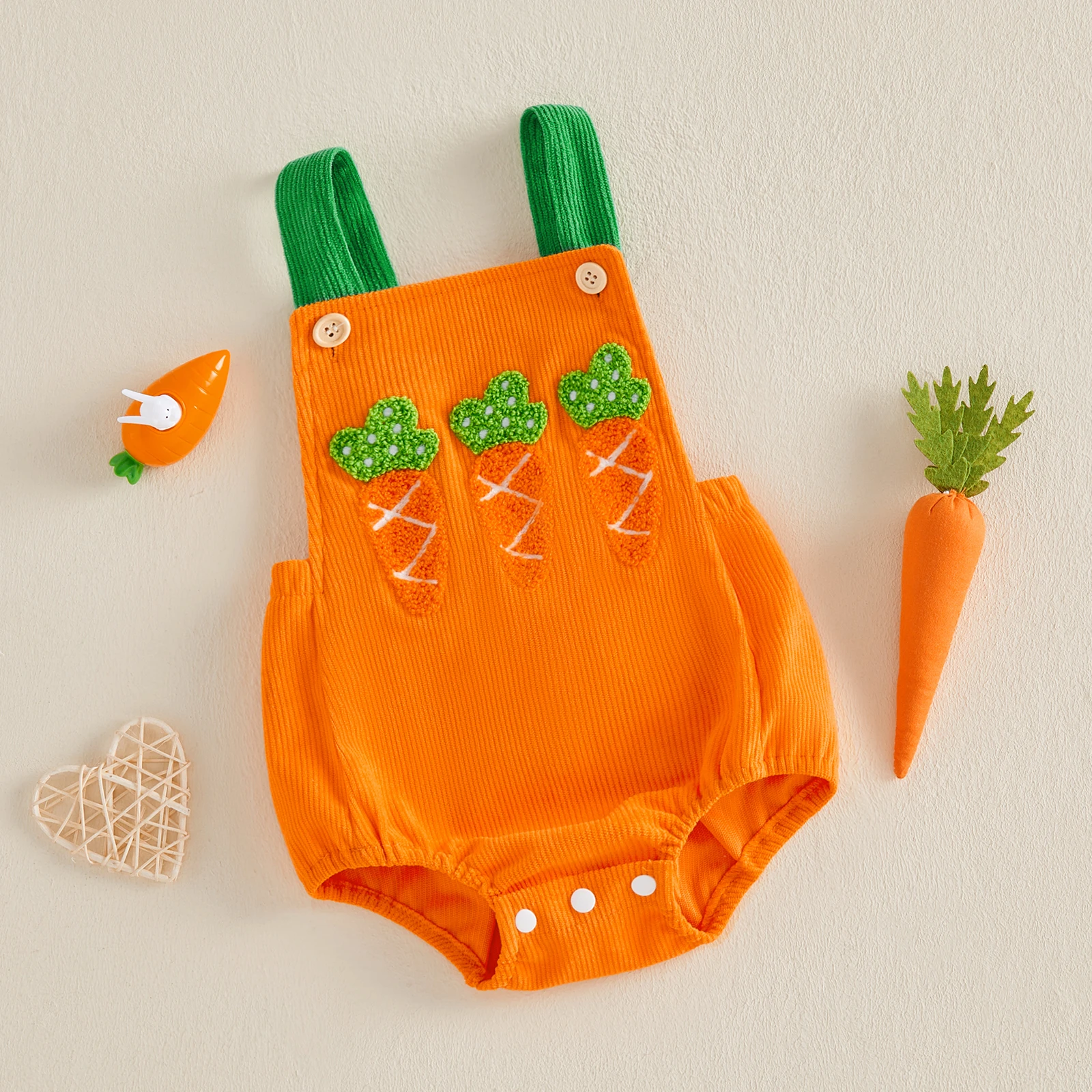 Cute Baby  Easter Clothes Carrot Corduroy Bodysuit Sleeveless Embroidery Carrot Jumpsuits Rompers for Girls Boys