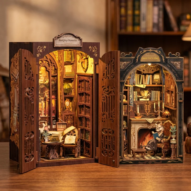

3D Book Nook Kit Earl Grey Cat Bookshop Wooden Puzzle Micro Landscape DIY Bookshelf Insert Perfect Birthday Gift