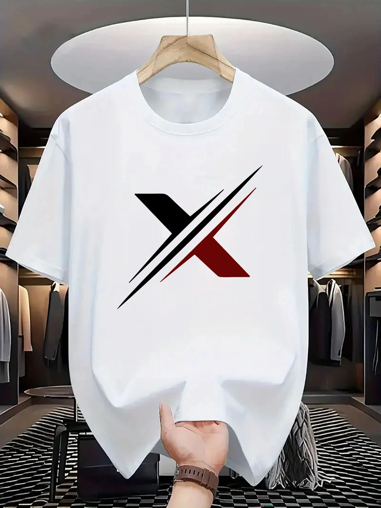 

2025 Summer Men 100% Cotton Round Neck Short Sleeve Geometric Printing Casual Breathable Top Outdoor Sports Fitness T-shirt