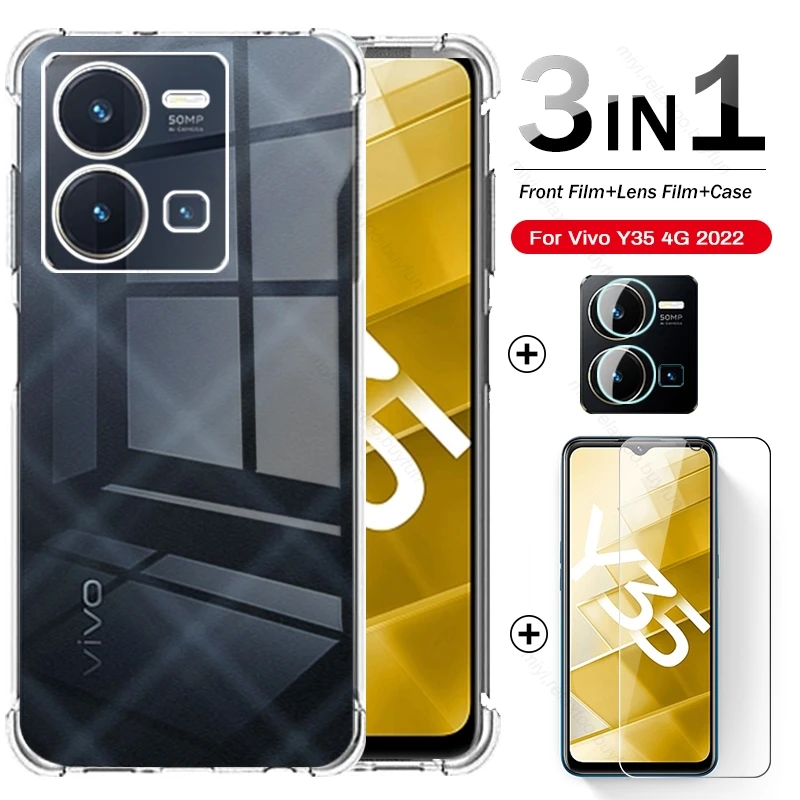 For Vivo Y35 Case 3To1 Camera Lens Screen Protector Tempered Glass Vivo Y35 Y22 Y22s Y16 V25 V25e Soft Silicone Shockproof Coque