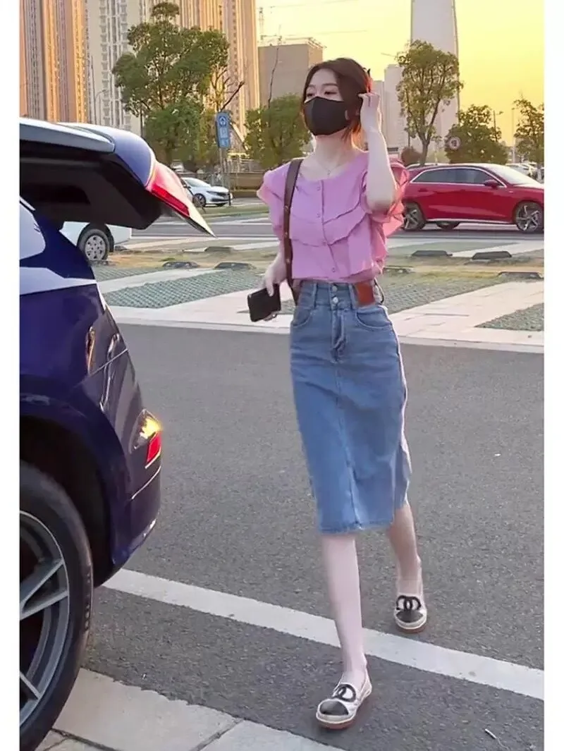 

High Waist A-Line Skirt Denim Half-length Women's Summer 2024 Pink Lace Covering Hip Skirt Set Other Material 100%