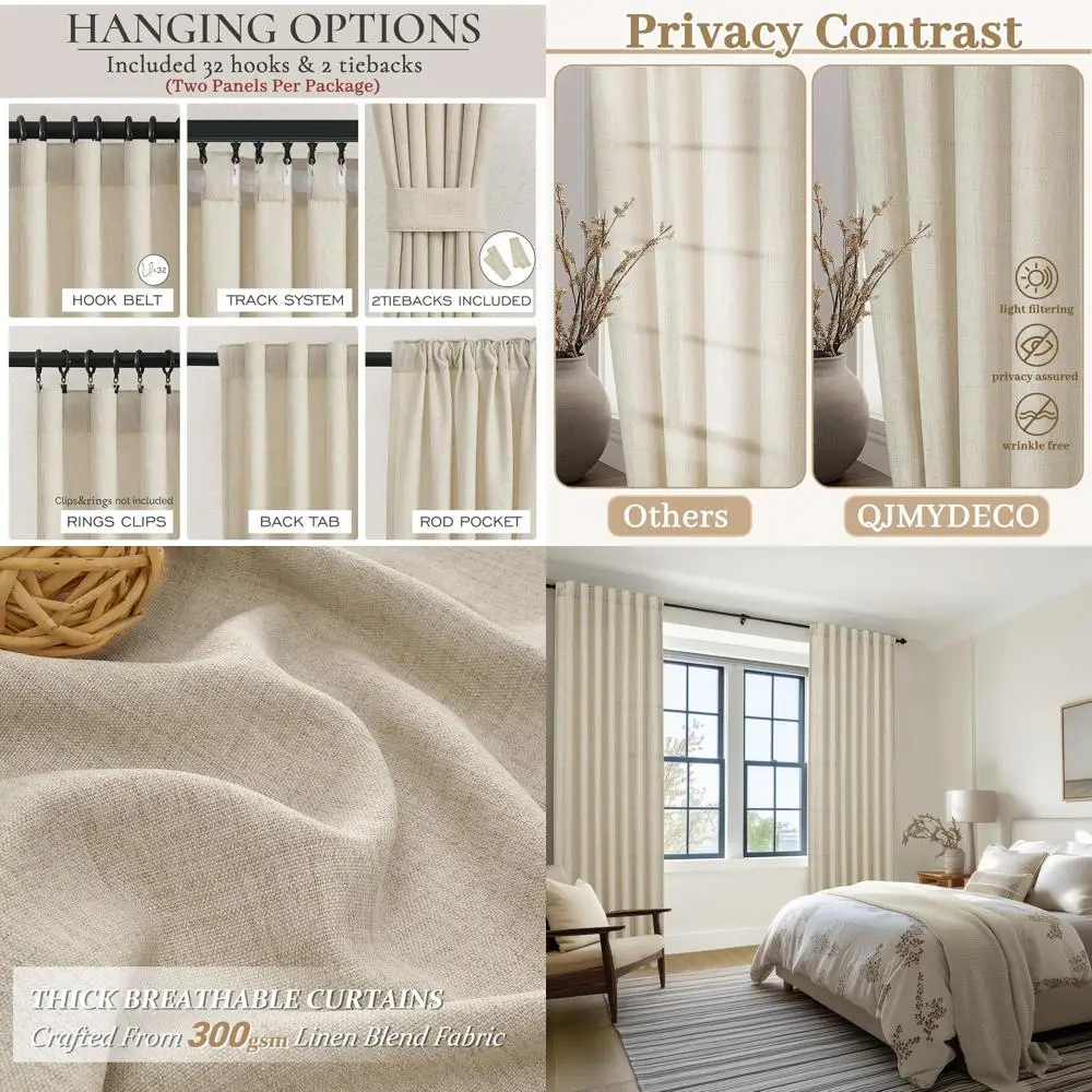 

Linen Pleated Sheer Curtains, 102 Long, 2 Panels, Light Brown, for Large Windows, Dining/Living Room Privacy
