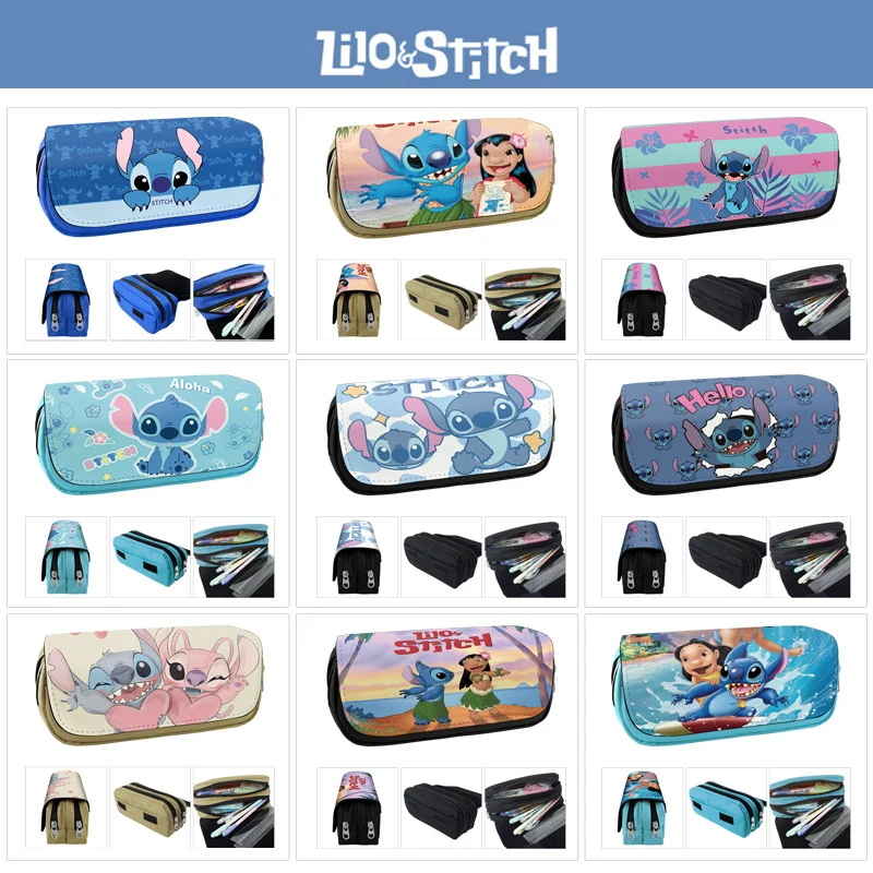 

Kawaii Stitch Anime Lilo&Stitch Figures Large-Capacity Velcro Zipper Double-Layer Pen Case Stationery Storage Bag Kids Gift