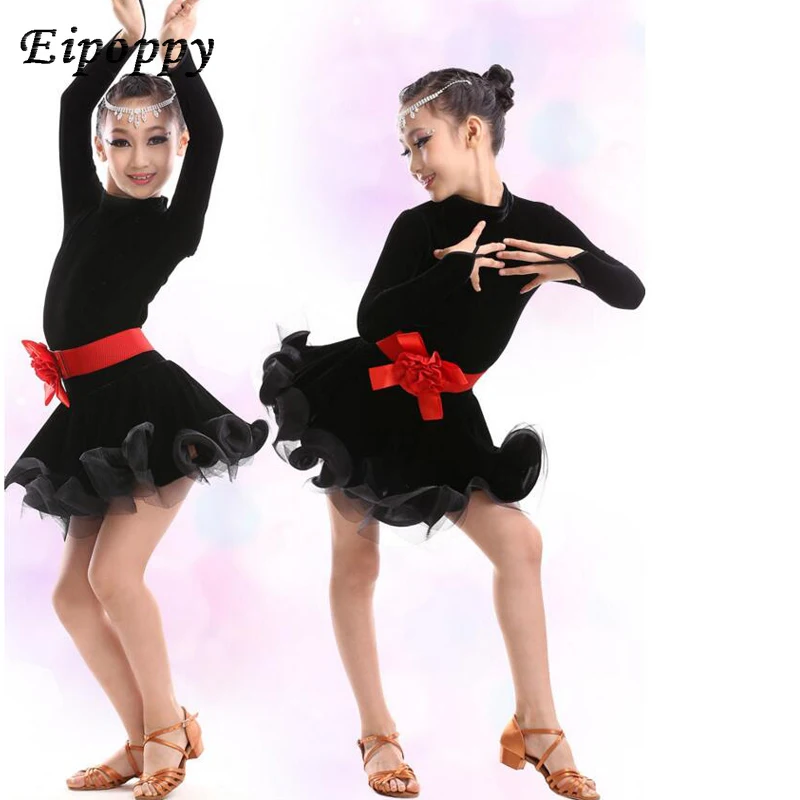 ชุดซัลซ่าสำหรับเด็กชุดลาตินสีดำเกรดสูงสำหรับเด็กผู้หญิงชุดเดรสเต้นรำเสื้อลูกไม้แขนยาวสง่างามชุดเดรสเต้นรำละติน