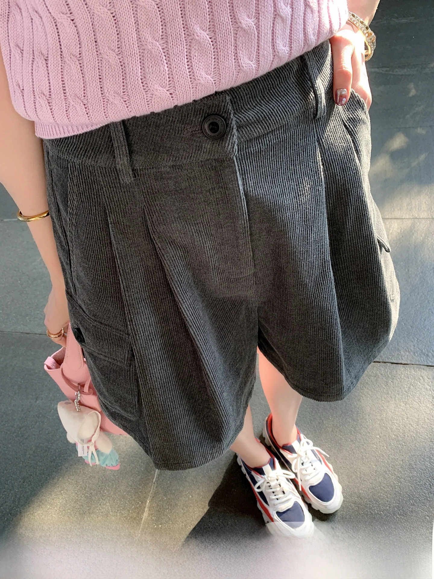 

LICKYSENIOR Pima Corduroy Shorts Women's High Waist Loose Slimming Three-quarter Length Spring Fashion Set Long Sleeve Top