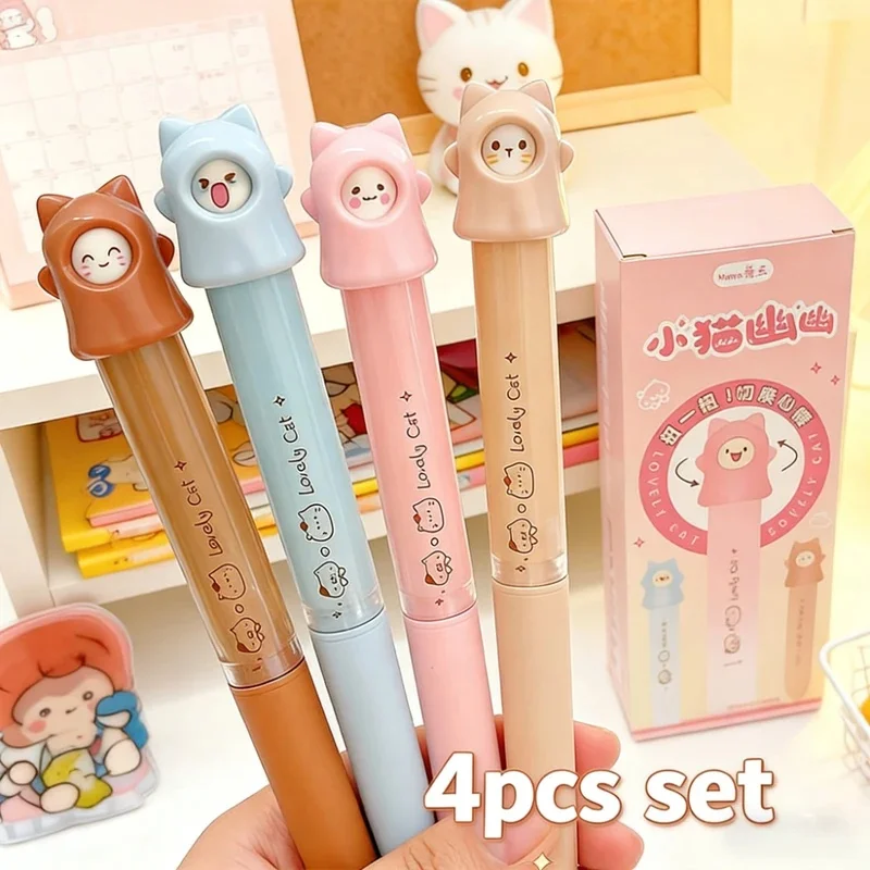 4Pcs/Set Lovely Cat Gel Pens 0.5mm Black Ink Neutral Pen Smooth Writing Rotating Gel Pen Funny Stationery School Student Supply