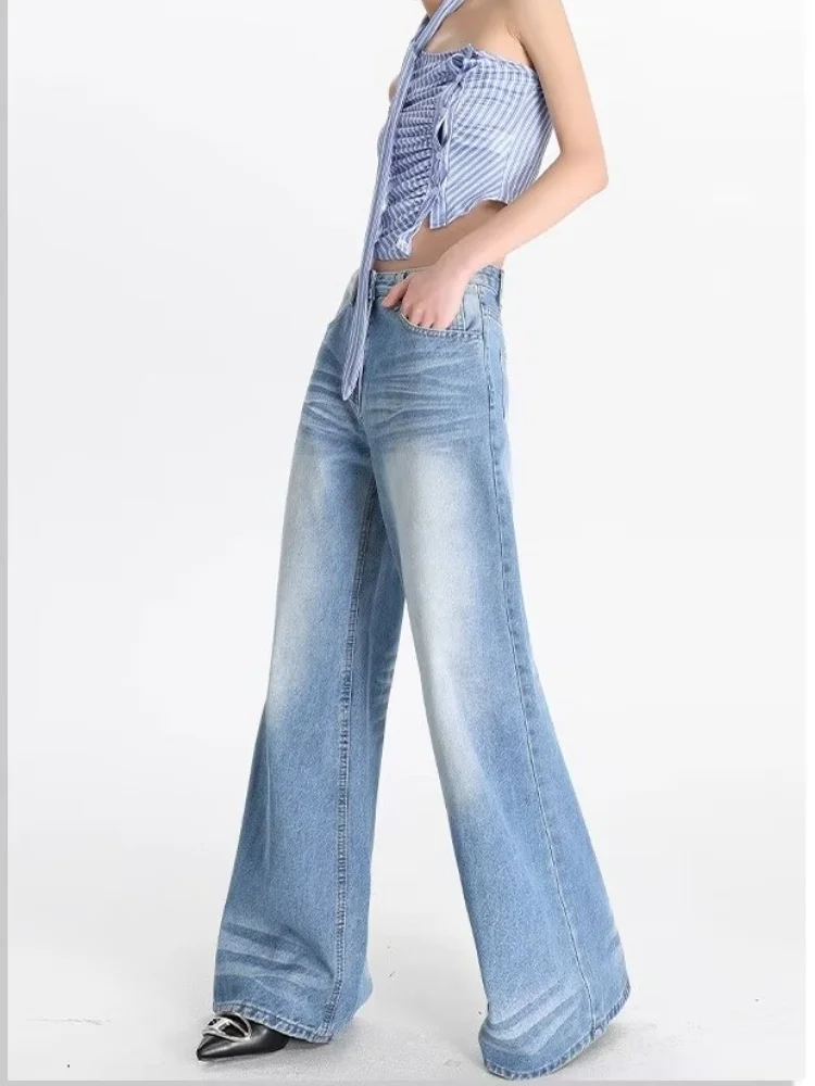 女性のパンツ Y2K ブルー秋ヴィンテージクラシックルーズ女性ジーンズシンプルなボタンファッションカジュアル全身ストレート女性ジーンズ