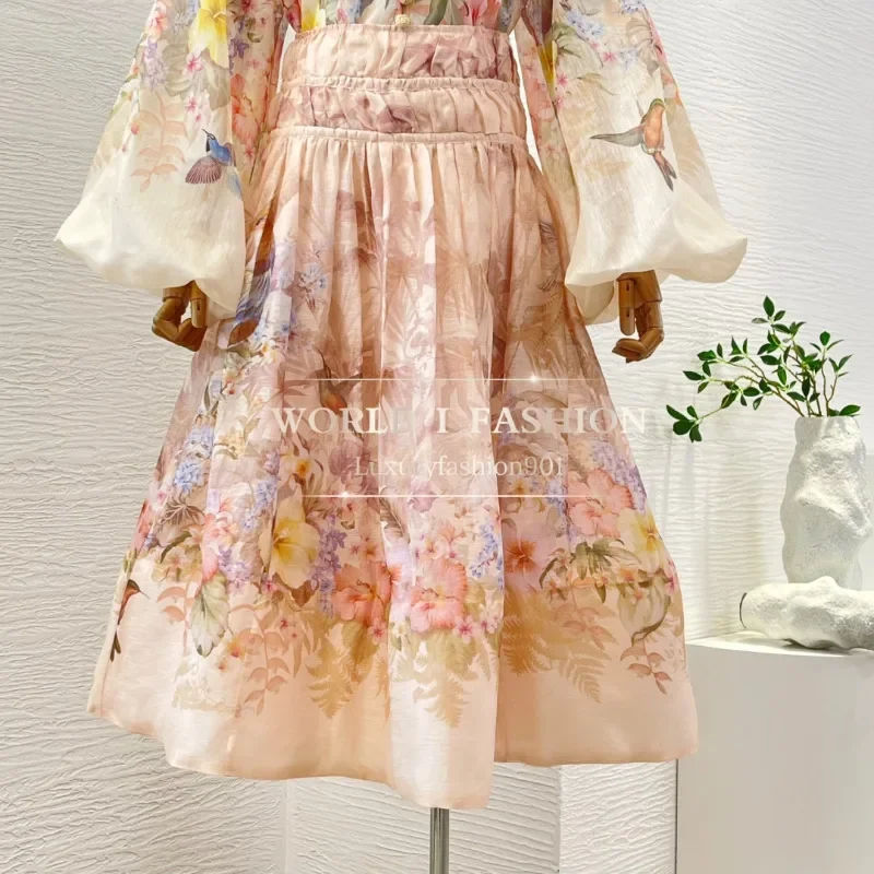 

Pink Floral Bird Print Pleat Skirt 2025 Linen Silk