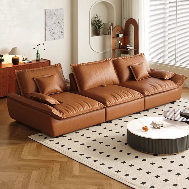 Italian minimalist sailing leather sofa living room adjustable backrest function sofa super wide sitting deep straight row sofa