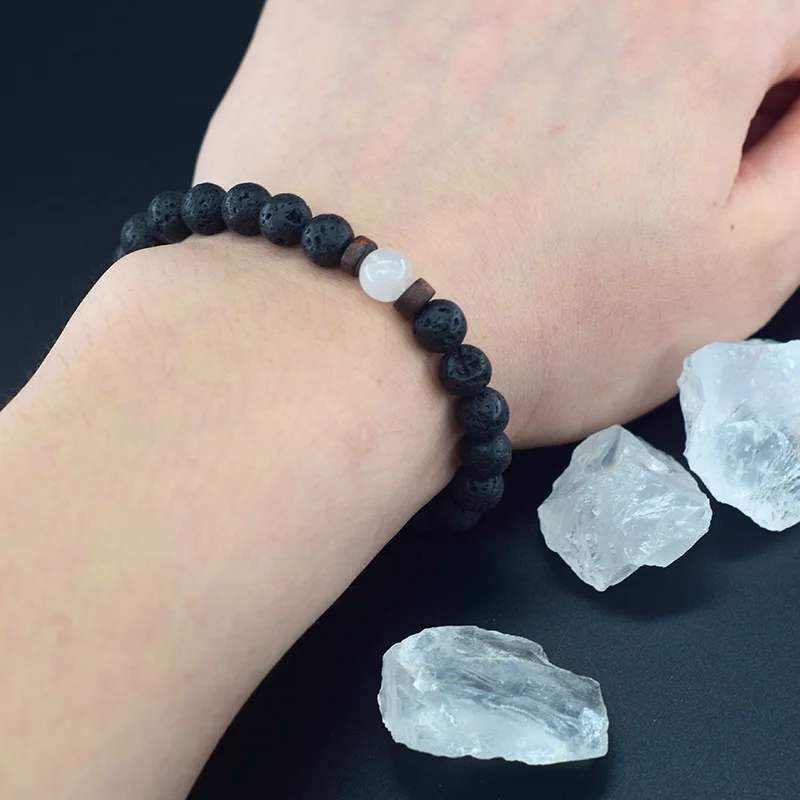 Genuine Natural White Jade Beaded Bracelet Women Men Round Jade Stone Volcanic Lava Elastic Purify the Soul Yoga Meditation Gift