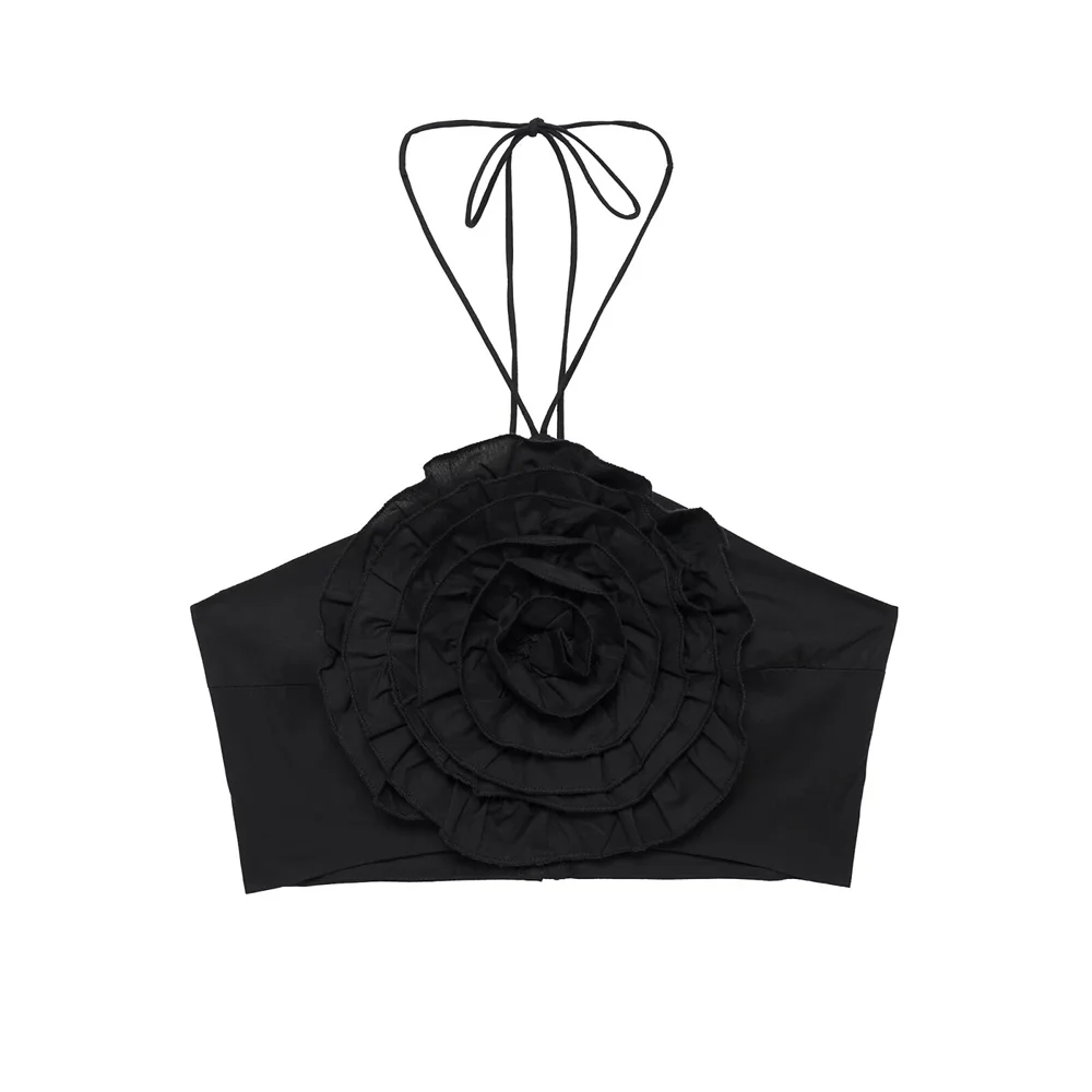 New Summer Fashionable and Stylish Style with Raised Flower Details, Black Poplin Open Back Bra with Vest Top