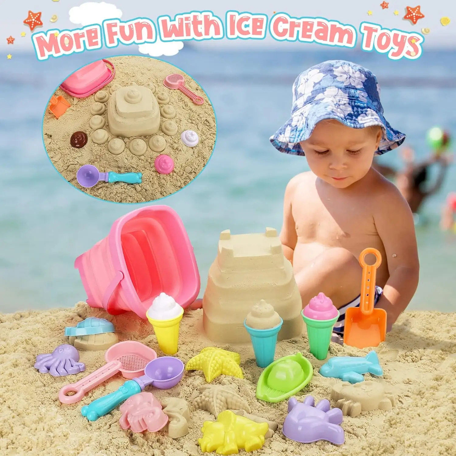 20pcs Beach Toys Set for Kids Toddlers Girls Collapsible Sand Bucket Shovels Set Mesh Bag Sand Molds Ice Cream Travel Sand Toys