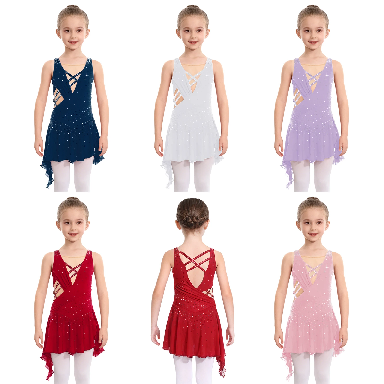 キッズガールズ叙情的なドレスフィギュアスケートパフォーマンス衣装ノースリーブラインストーンメッシュドレスモダンコンテンポラリーダンス服