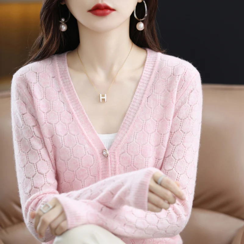 2023 Spring New Women\'s Cardigan 100% Pure Wool Knitted Sweater V-Neck Hollow Out Shirt Female Solid Color Casual Jacket