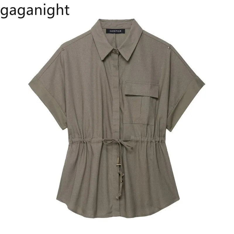 

Gaganight Women Shirts Drawstring Short Sleeve Pockets Solid Turn Down Collar French Style Chic Office Lady Blouse Casual Tops