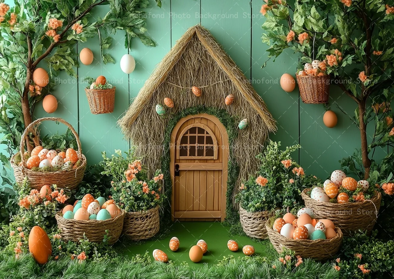 Mehofond Photography Background Spring Easter Colorful Egg Carrot Straw House Green Grassland Kid Family Portrait Backdrop Decor