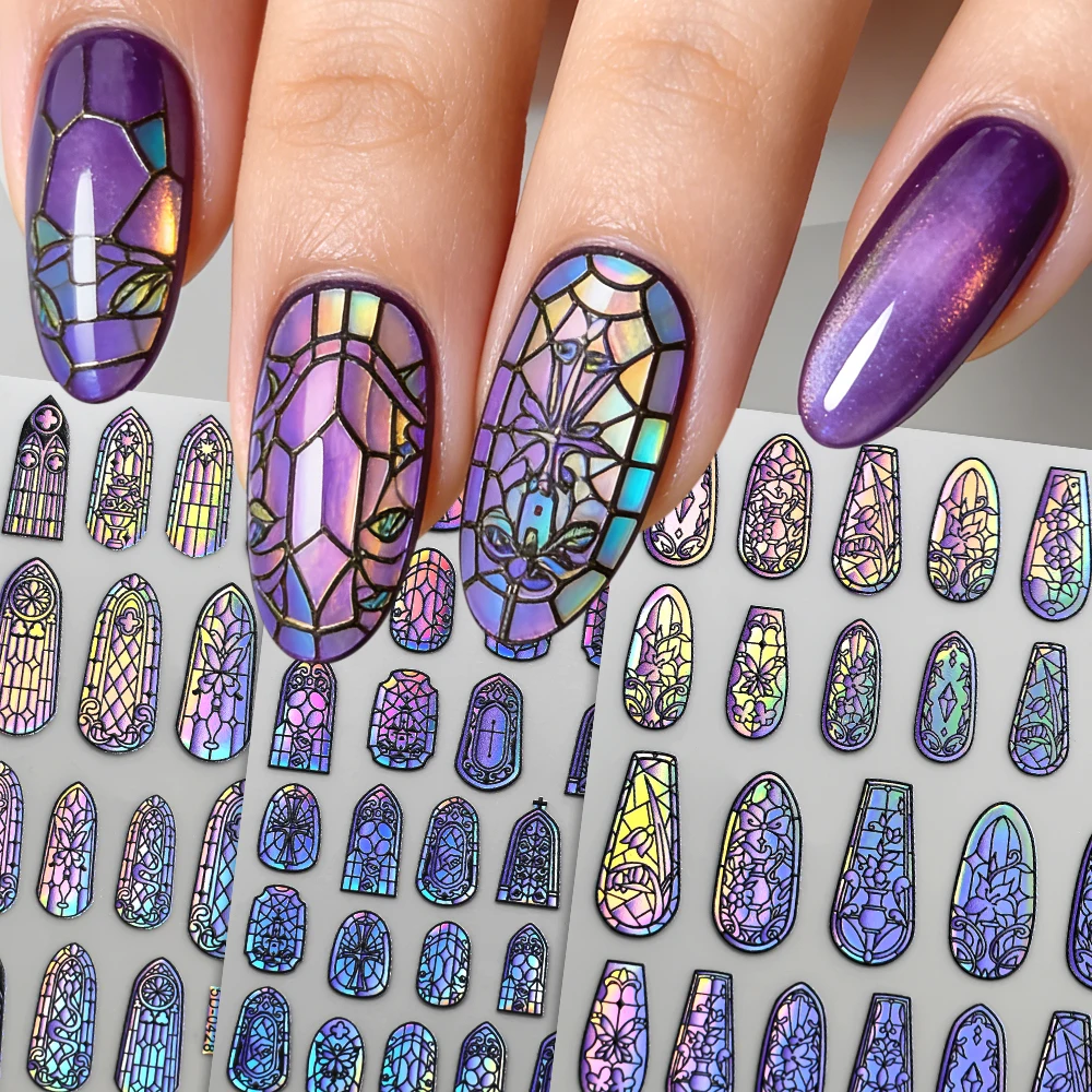1Pcs 5D Stained Glass Nail Art Stickers Stained Floral Patterns Waterproof Long Lasting Gel Sliders for Women Girls Nail Design*