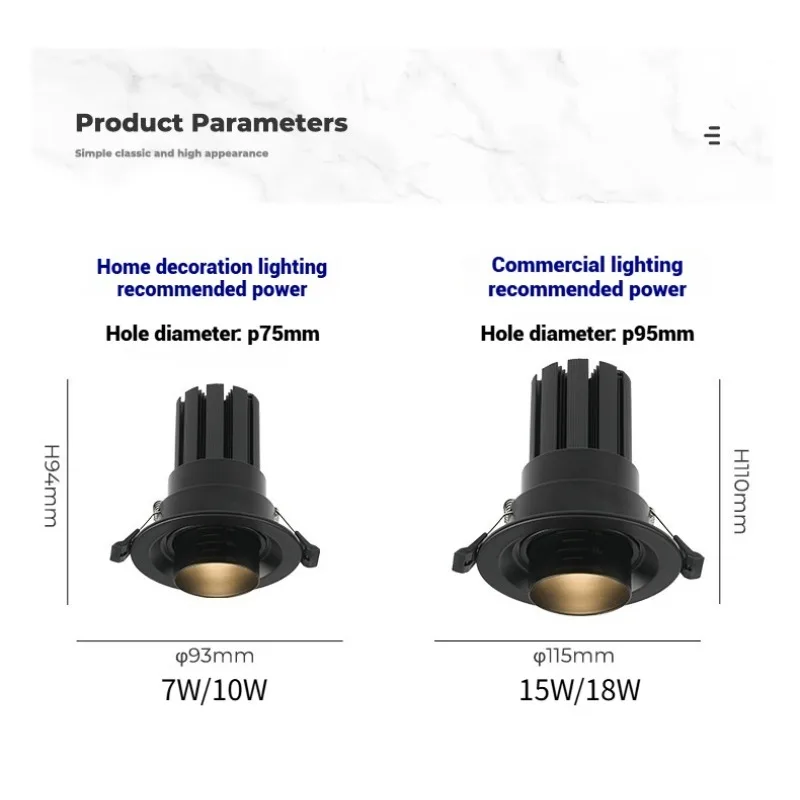 LED 220v Recessed Ceiling Downlight 15°-60° Focus Ox Eye House Spotlight 7W 10W 15W 18W Full Spectrum Commercial Lighting Lamp