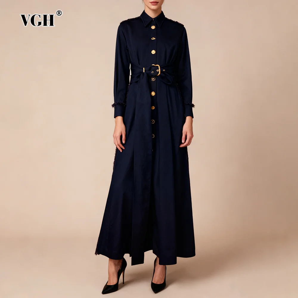 فستان VGH أنيق بحزام مقسم للنساء طية صدر السترة وأكمام طويلة مرقعة بإبزيم معدني على شكل حرف A لحفلات العشاء فساتين متوسطة الطول للسيدات جديد #1