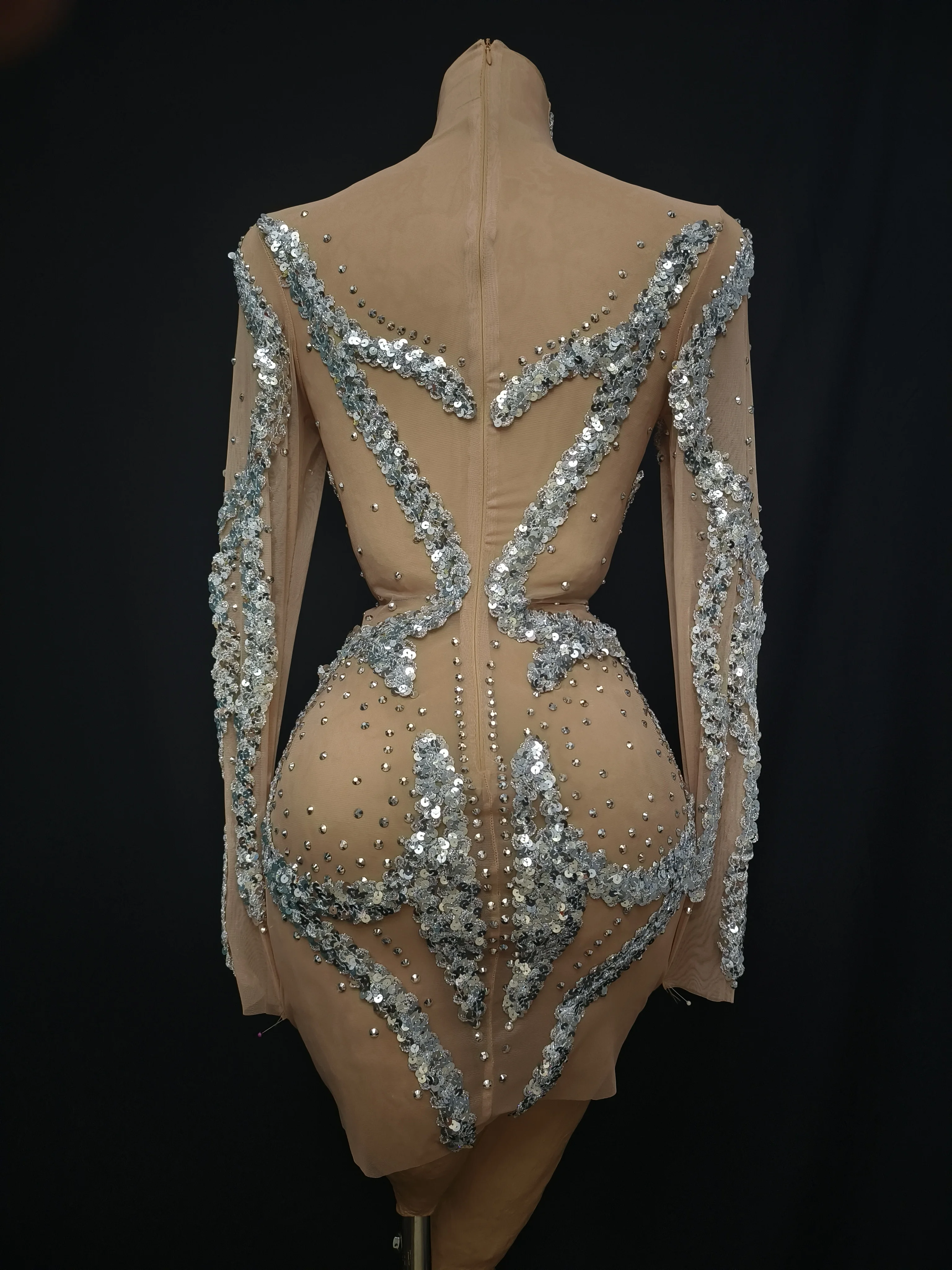 Vrouwen Sparkly Steentjes Pailletten Transparante Bodycon Mini Jurk Lange Mouw Coltrui Nachtbar Club Prestaties Kostuums