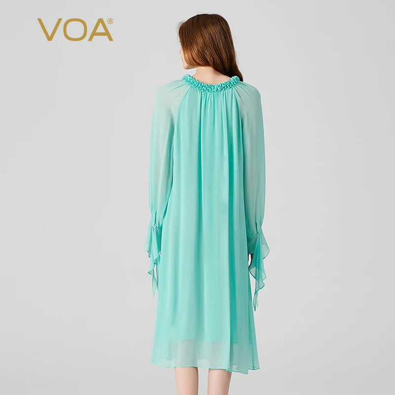 VOA Silk Georgette Emerald Green Ear Edge V-neck Long Sleeve Dresses Women Large Loose Waist Double Layer Silk Dress AE1927