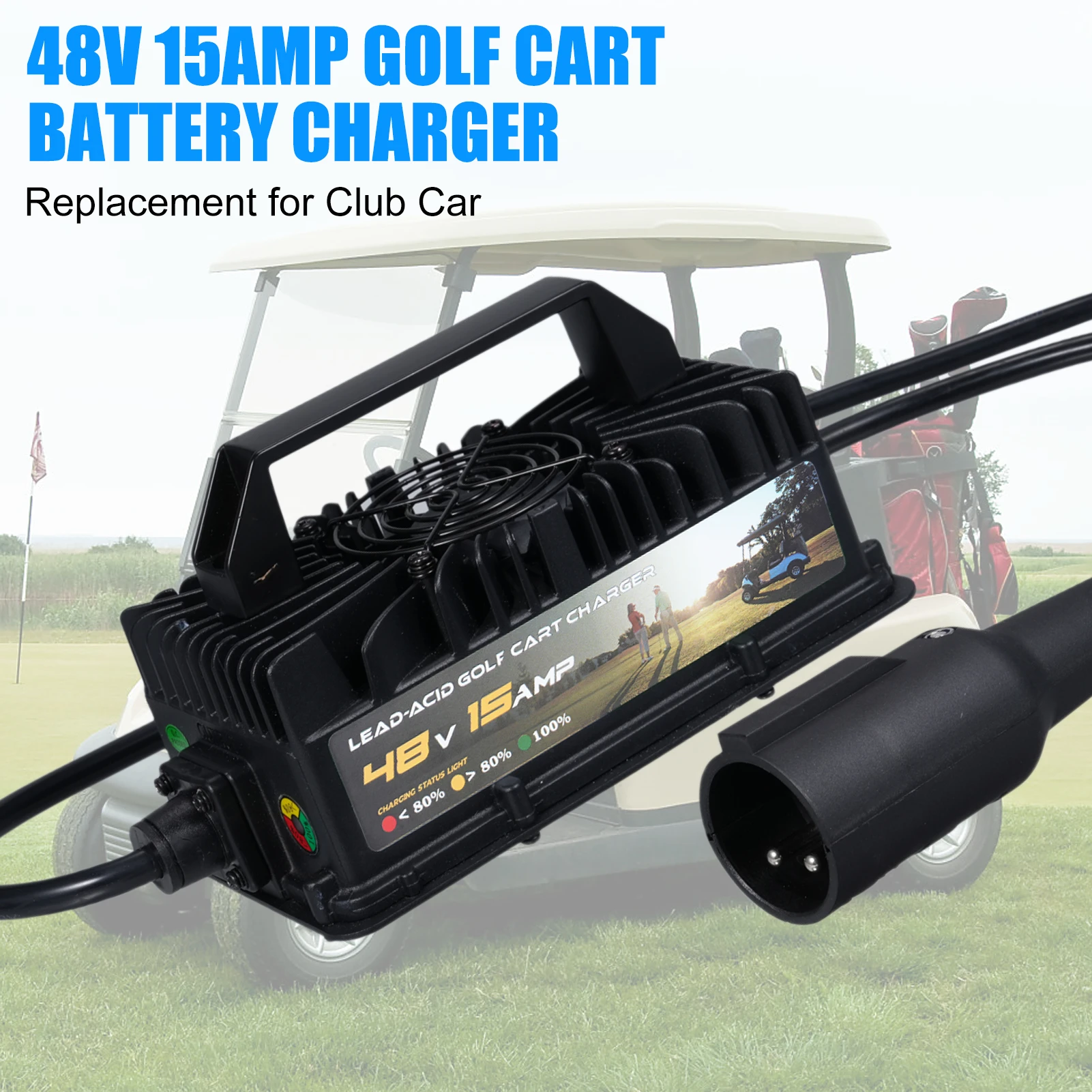 800W 48V Golf Cart Battery Charger, IP67 Waterproof Replacement for Club Car with US Plug