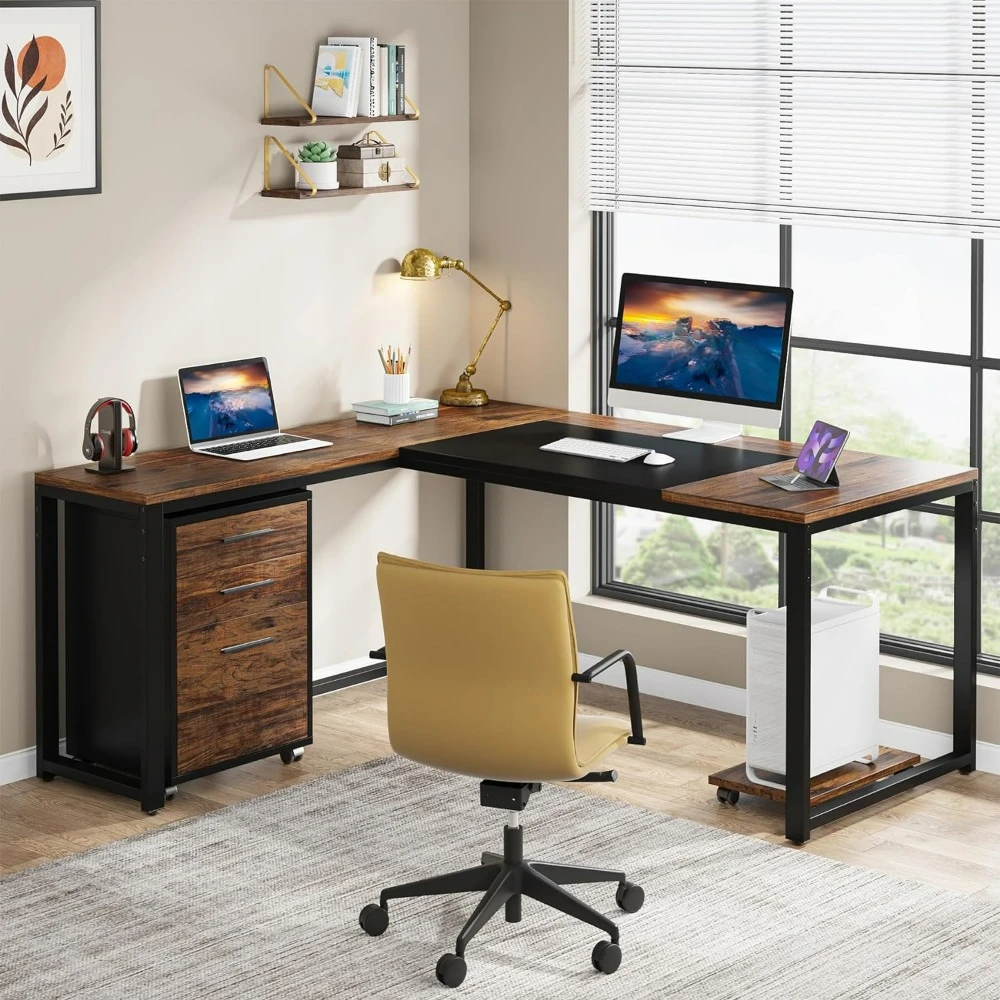 

63" L-Shaped Computer Desk with Mobile File Cabinet, Large Executive Office Desk with 3-Drawer Vertical Filing Cabinet