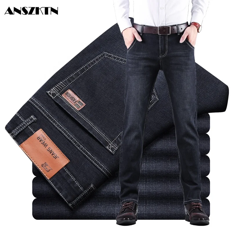 ANSZKTN-pantalones vaqueros informales para hombre, Jeans de negocios, ajustados, elásticos, de talla grande, azul, negro, color sólido, baratos