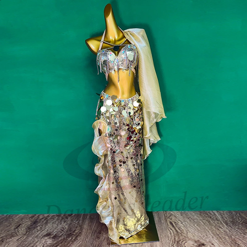 Traje de danza del vientre AB Stone para mujeres y adultos, falda de destello fino con lentejuelas de alta gama, vestido de destello alto para actuación de Samba