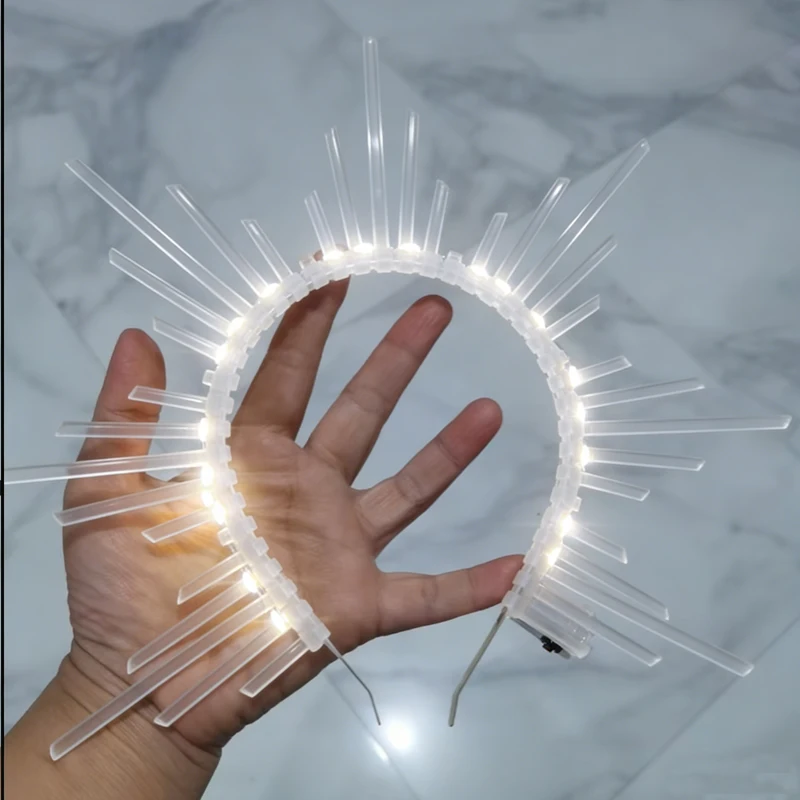 

LED Light Up Golden Sunburst Halo Headband, Spike Goddess Crown, Glowing Sacred Hair Accessory for Halloween Cosplay & Bridal