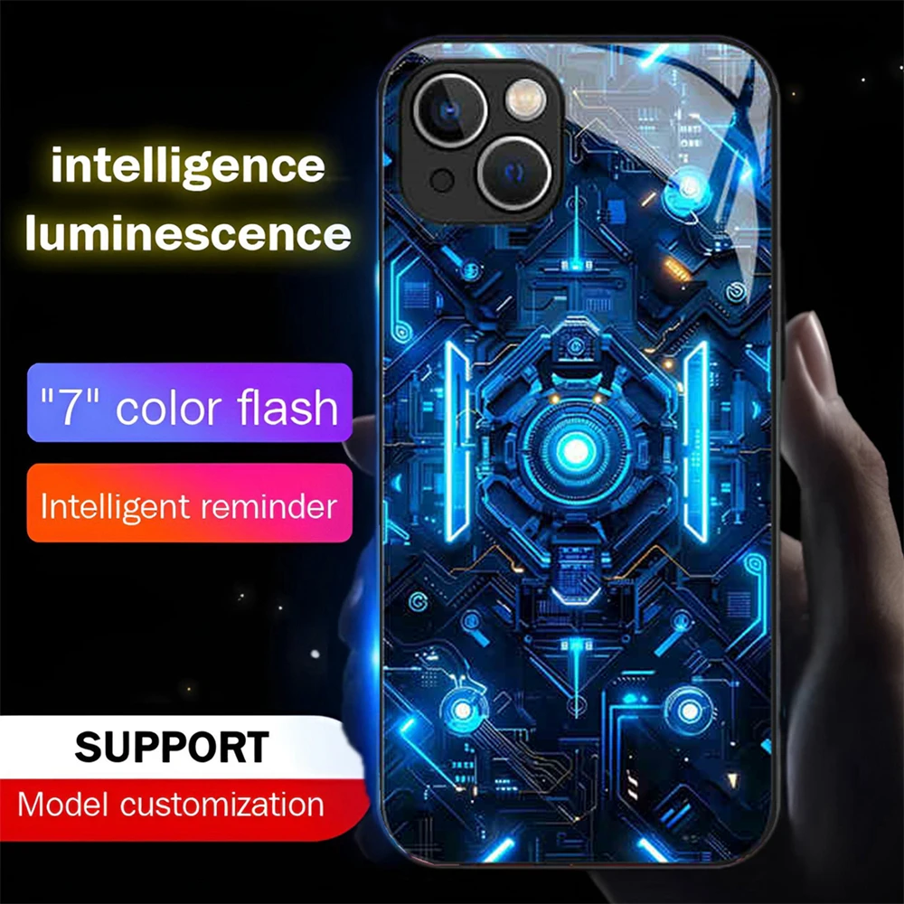 Luxury Blue Chip Design Luminous Glass LED Call Light Up Flash Phone Case Cov For Samsung S26 S25 S24 S23 S22 S21 S20 Plus Ultra