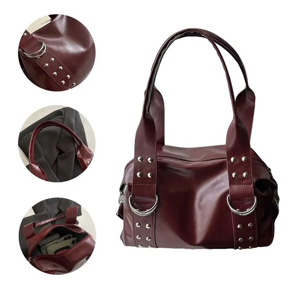 Y2K Punk Handtasche mit Nieten für Damen, aus Kunstleder, große Kapazität, Schultertasche, Vintage-Mode, Boston-Tasche, Umhängetasche für den täglichen Gebrauch. – Detail 29