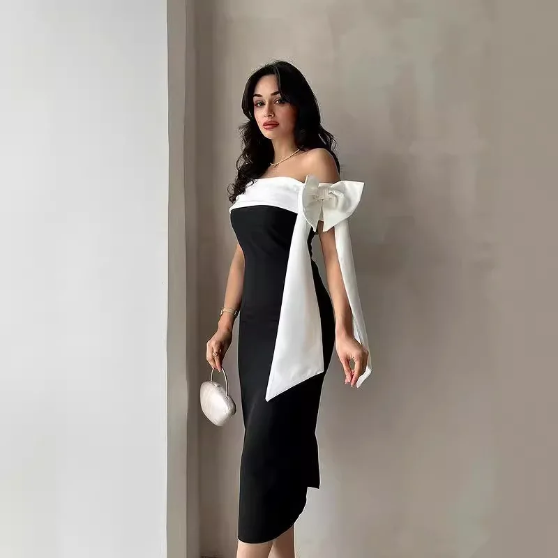 Bandage Dress Cross-Border New Arrival Women's off-Shoulder Bow Black and White Color Matching Elegant Cocktail Dress