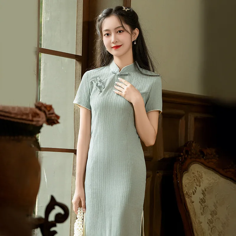 

2024 Light Green New Year Chinese Style Cheongsam Short Sleeve Soft Vintage Dress Costumes Mid Long Traditional Qipao S To 2XL