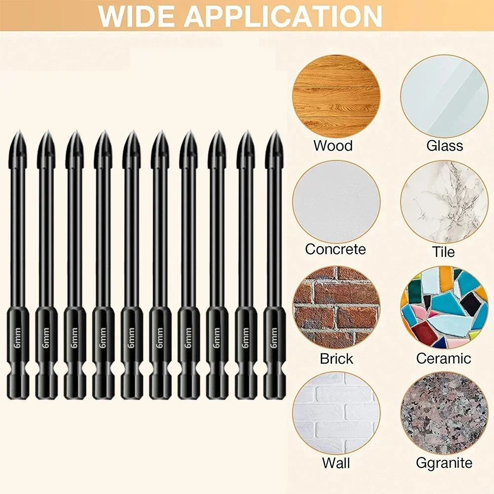 Imagem -03 - Carboneto de Tungstênio Cruz Lança Cabeça Broca Hex Haste para Telha Porcelana Mármore Cerâmica Vidro Tijolo Perfuração Ferramenta Elétrica 10pc mm