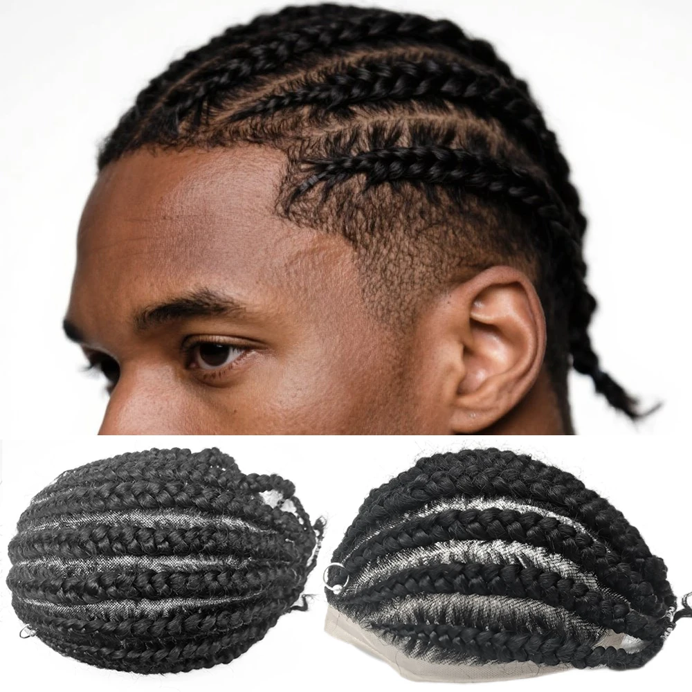 

Мужские косички Corncows, парик из натуральных человеческих волос 10x8, дышащая система замены волос # 1. Черный струйный